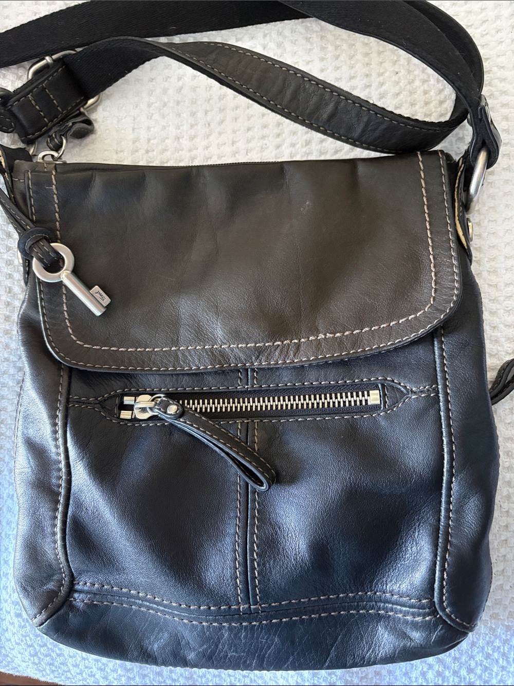 Fossil Black Leather Crossbody with Silver Hardware